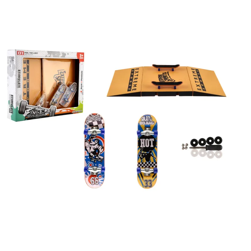 Teddies Skateboard fingerboard prstový skrutkovací 2ks plast 10cm s rampou s doplnkami v krabičke 30x24x6cm