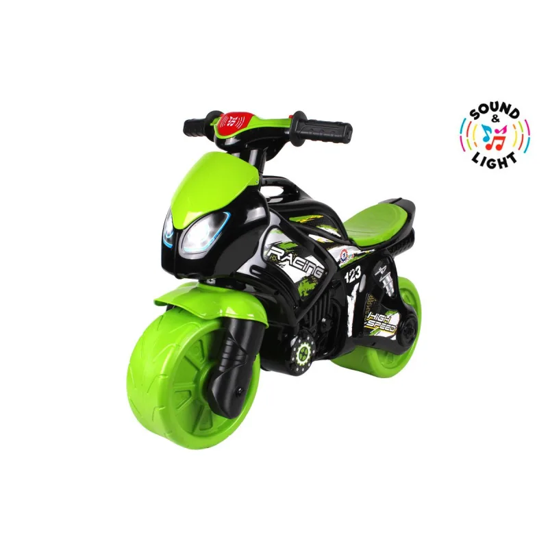 Teddies Odrážadlo motorka zeleno-čierna plast na batérie so svetlom so zvukom v sáčku 36x53x74cm