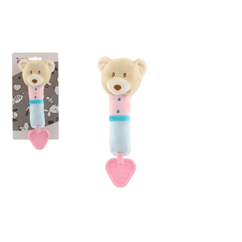 Teddies Pískátko/hryzátko medveď plyš 23cm béžové na karte v sáčku 0+