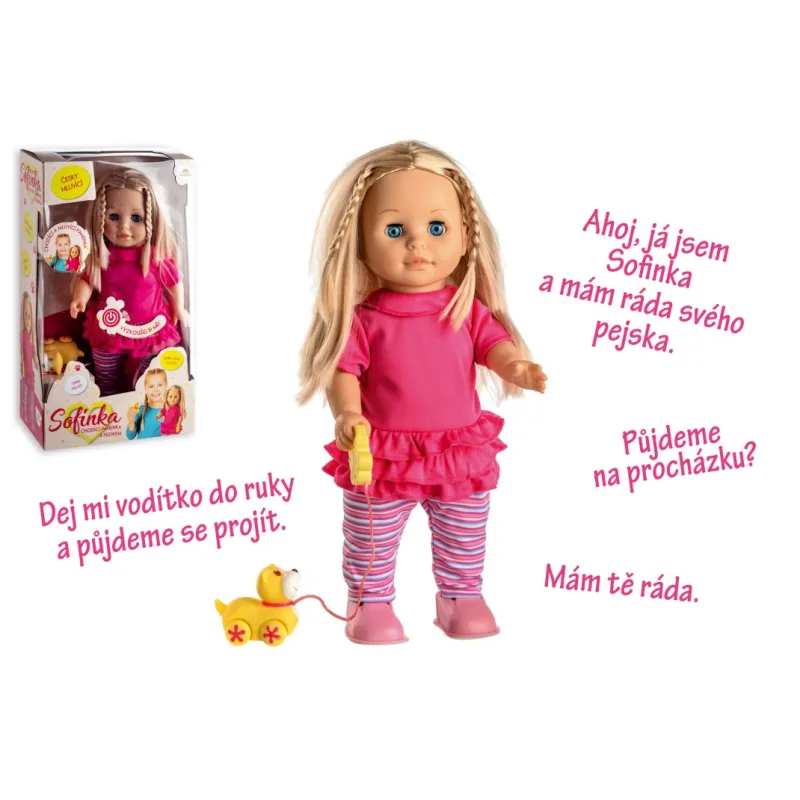 Teddies Bábika Sofinka so psíkom chodiaca a hovoriaca plast 42cm na batérie so zvukom v krabici 26x44x13cm