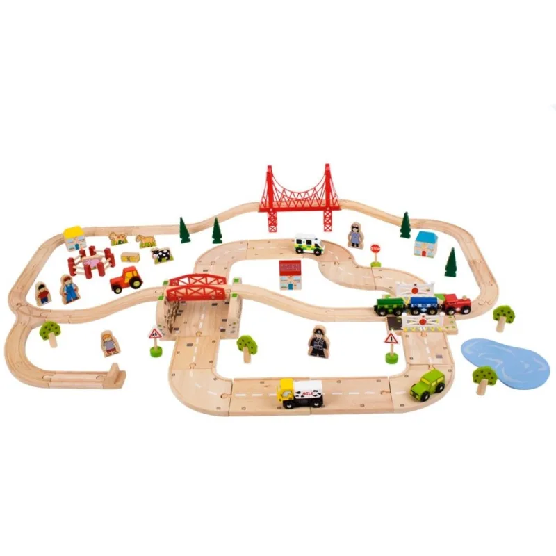 Bigjigs Rail dřevěná vláčkodráha s venkovskou cestou - 80 dílů