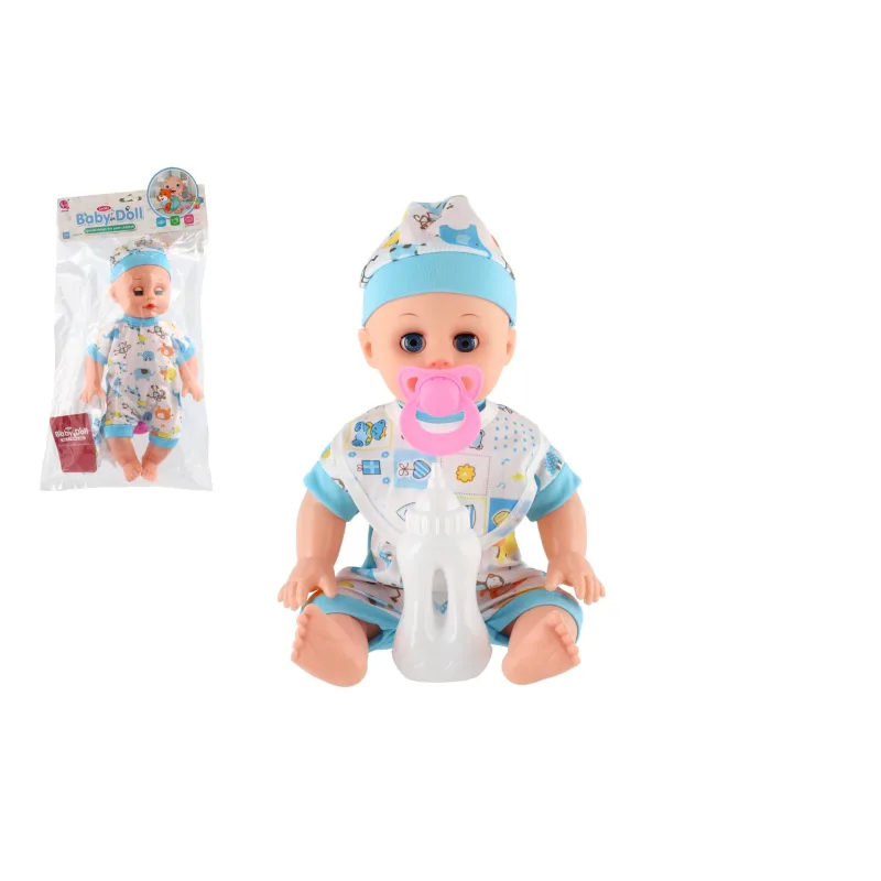 Teddies Bábika bábätko plast 32cm pevné telo pijúce, čúrajúce na batérie so zvukom s doplnkami v sáčku