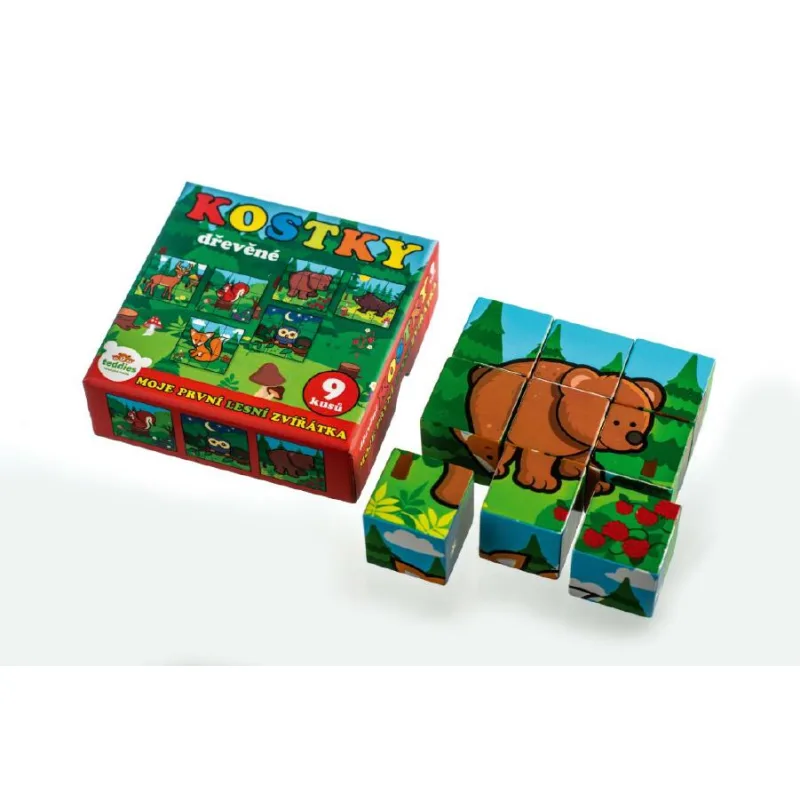 Teddies Kocky kubus drevené Moje prvé zvieratká lesné drevo 9x9x3cm 9ks v krab.11x11x6cm od 12 mesiacov MPZ
