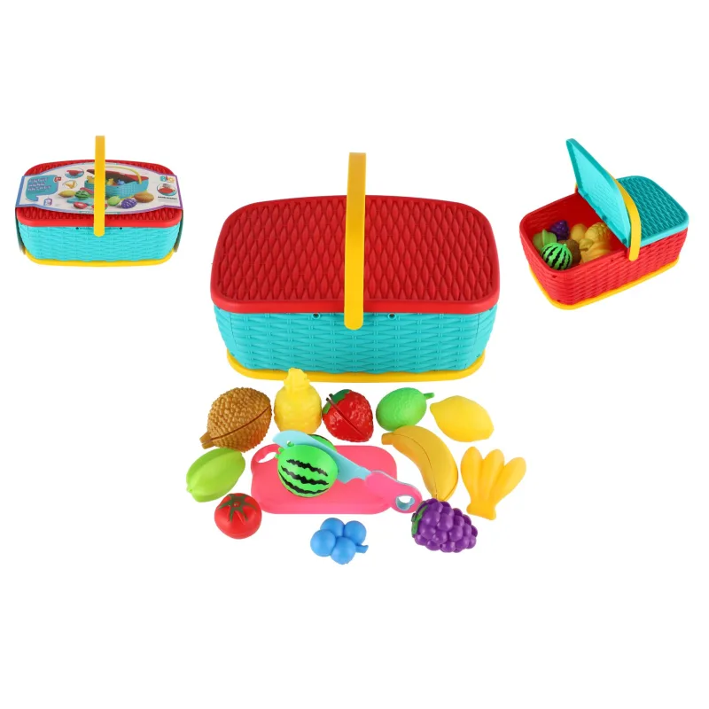 Teddies Piknikový košík - ovocie/zelenina krájacia 15ks plast 2 farby 28x20cm