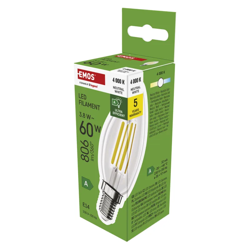 EMOS LED FLM CANDLE 3,8W(60W) 806lm E14 NW A CLASS 1525731453