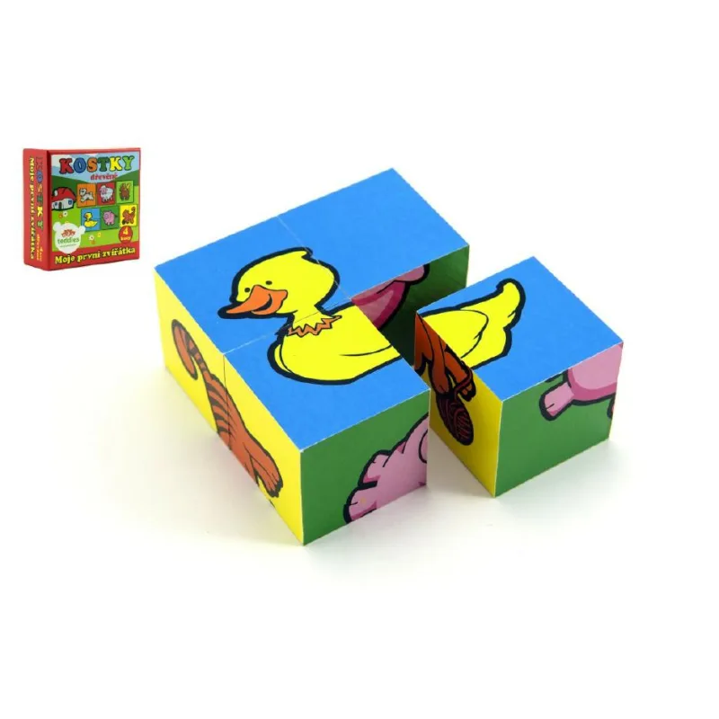 Teddies Kocky kubus štvorkocka Moje prvé zvieratká drevo 4ks v krabičke 8,5x8,5x4cm MPZ