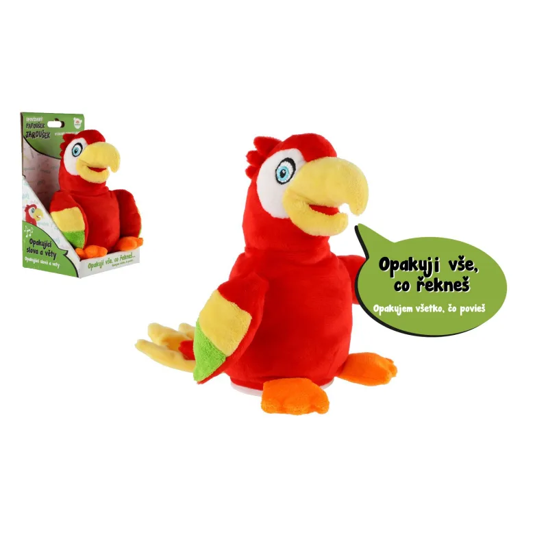 Teddies Papagáj Jaroušek opakujúci vety plyš 16cm na batérie so zvukom v krabici 12x20x10cm v sáčku