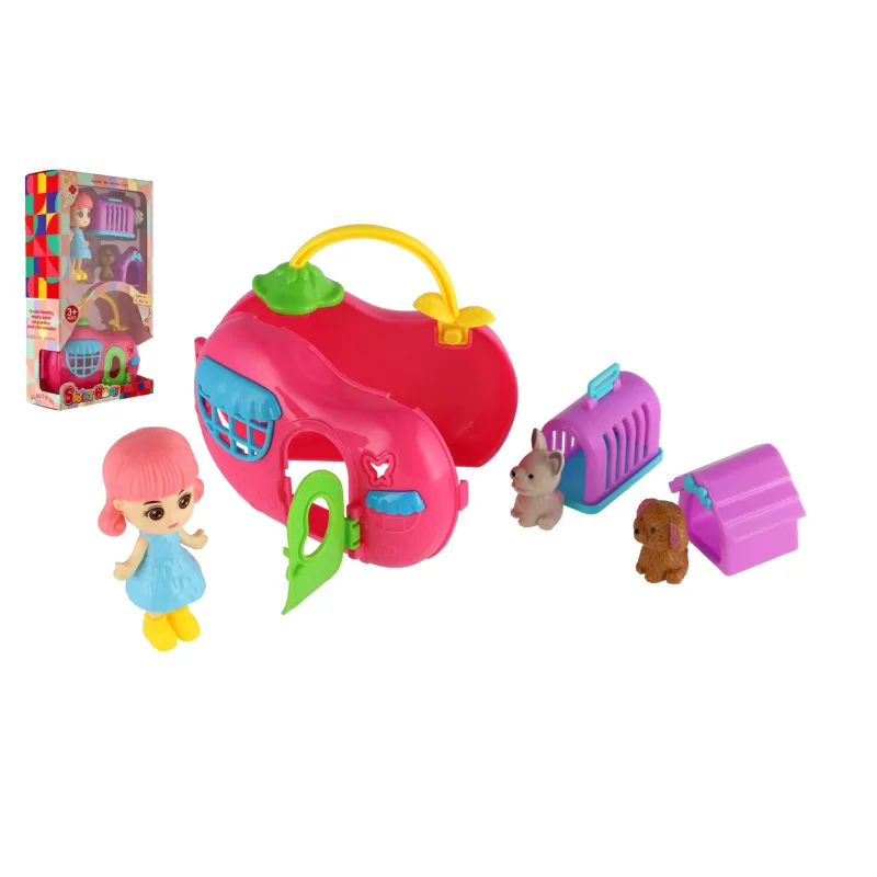 Teddies Bábika s domčekom s domácimi miláčikmi 2ks plast s doplnkami v krabičke 14x24x6cm