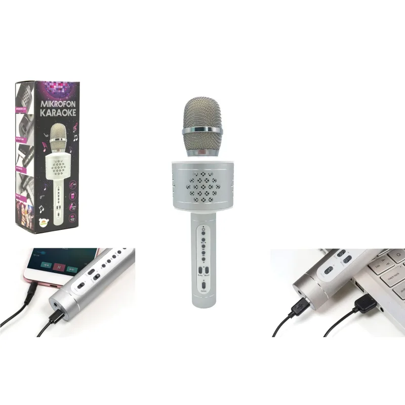 Teddies Mikrofón karaoke Bluetooth strieborný na batérie s USB káblom v krabici 10x28x8,5cm