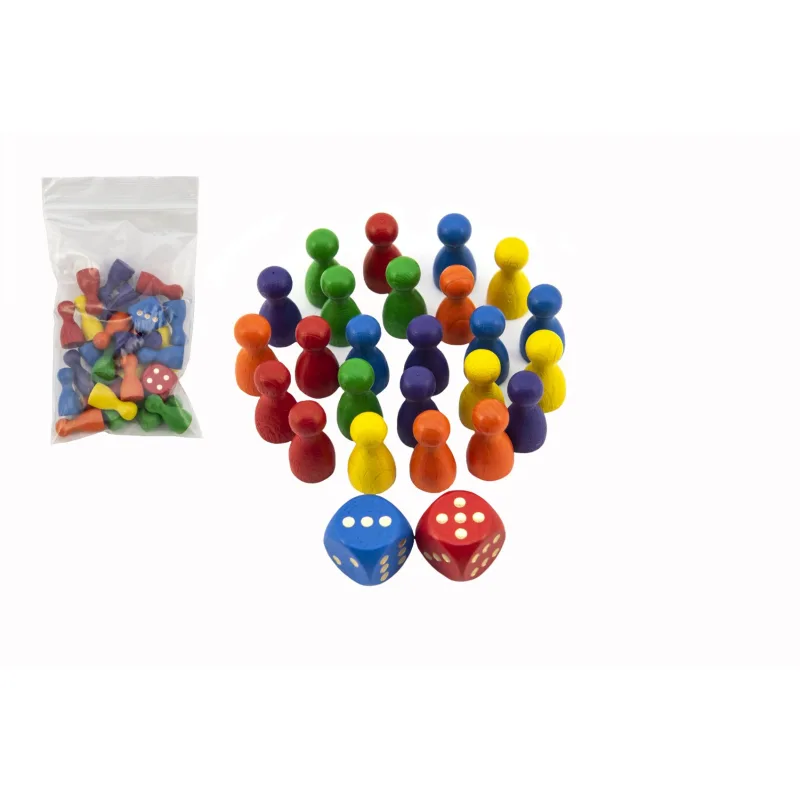 Detoa Figúrky drevo 25mm 24ks 6 farieb+ 2 kocky spoločenská hra v sáčku 7x13cm