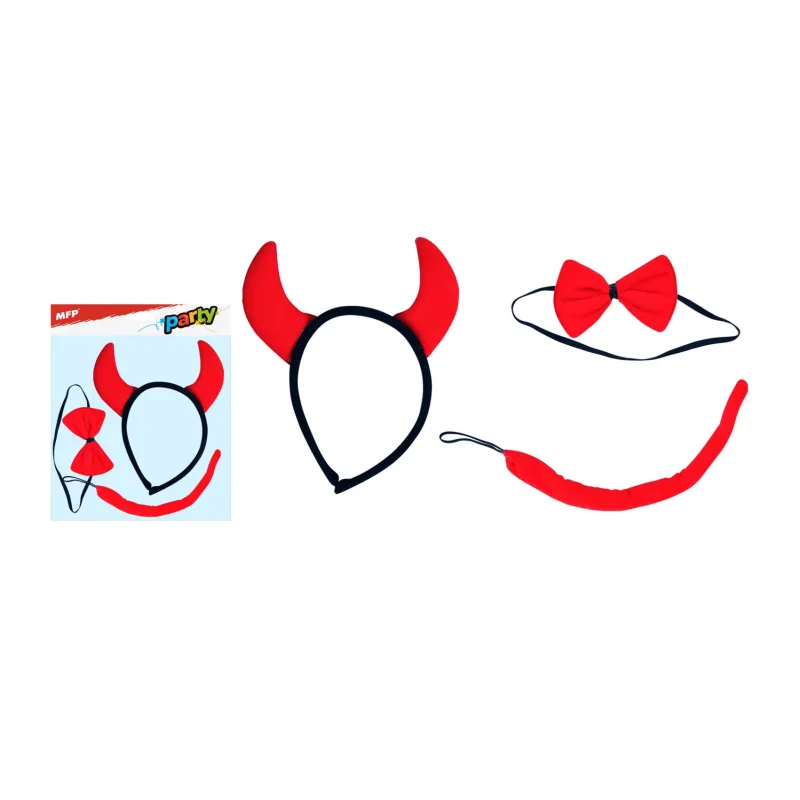 Rohy čertovská čelenka + čertovský chvost s motýlikom na karte 23x23cm karneval