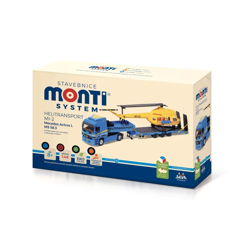 SEVA Stavebnica Monti System MS 58.3 Helitransport MI-2 Mercedes Actros L 1:48 v krabici 31,5x21x8cm