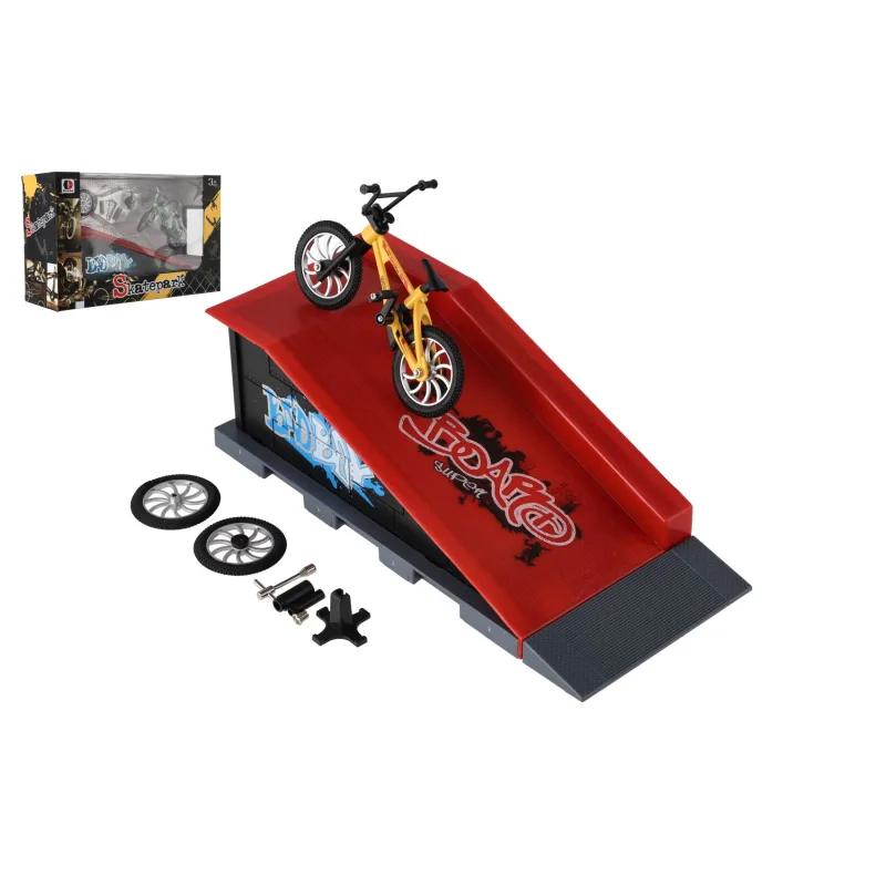 Teddies Skatepark - kolo prstové skrutkovacie s rampou plast 10cm s doplnkami 3 farby v krabici 28x18x11cm