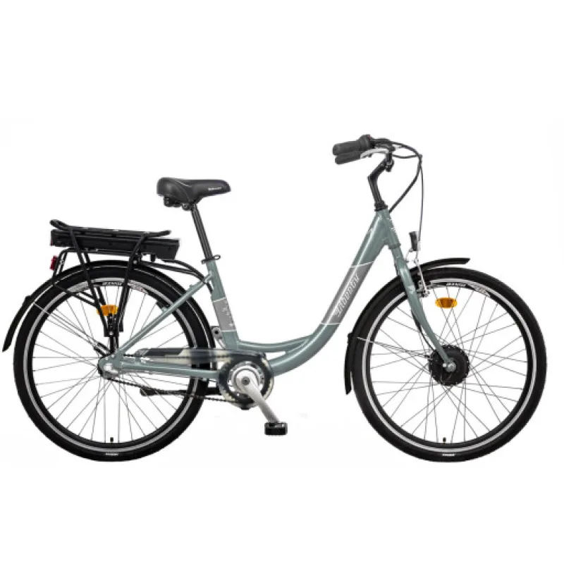 Liberty elektrokolo e-VIA 3spd 26" přední motor, 36V/10,4Ah, 2025 šedo-zelené, Přední vidlice Pevná