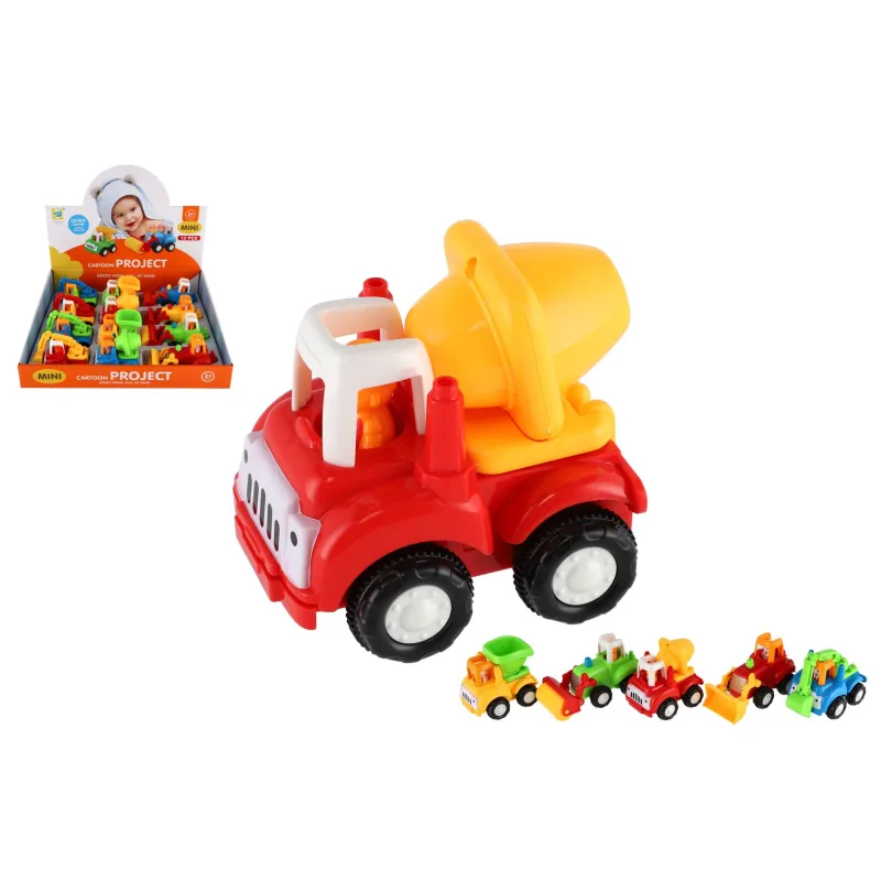 Teddies Auto stavebné plast 10-12cm na zotrvačník mix druhov 12ks v boxe
