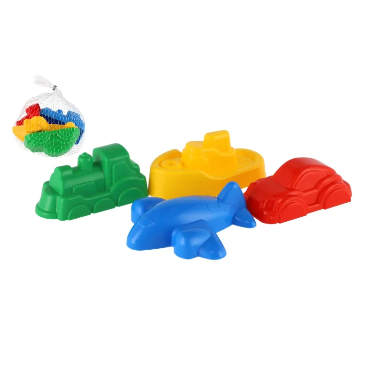 Teddies Formičky Bábovky na piesok 4ks plast dopravné prostriedky v sieťke 12m+