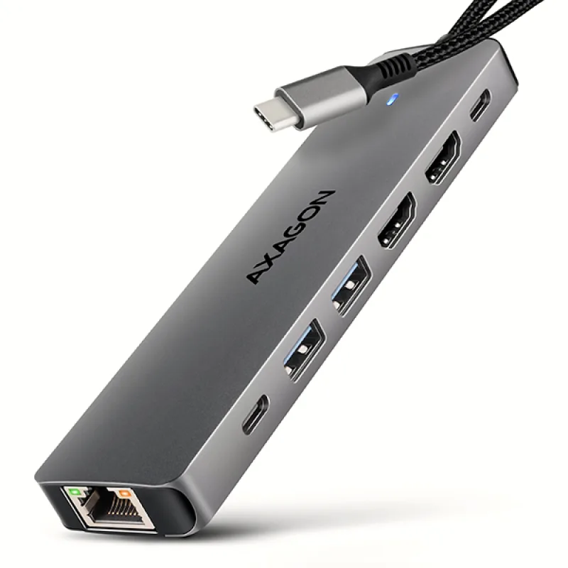 AXAGON HMC-7HX2, USB 5Gbps hub, 2x USB-A, USB-C, 2x HDMI 4k/60Hz, RJ-45 GLAN, PD 100W, kabel 15cm HMC-7HX2