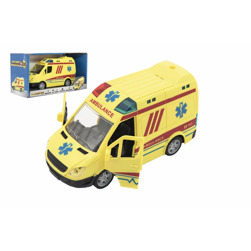 Teddies Auto sanitka plast 20cm na zotrvačník na batérie so zvukom so svetlom v krabici 26x15x12cm