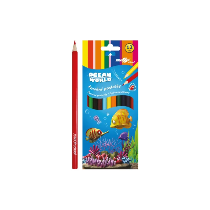 Pastelky farebné drevo Ocean World trojhranné 12 ks v krabičke 9x20,5x1cm
