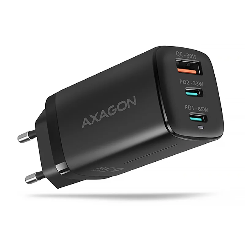 AXAGON ACU-DPQ65, GaN nabíječka do sítě 65W, 3x port (USB-A + dual USB-C), PD3.0/QC4+/PPS/Apple ACU-DPQ65