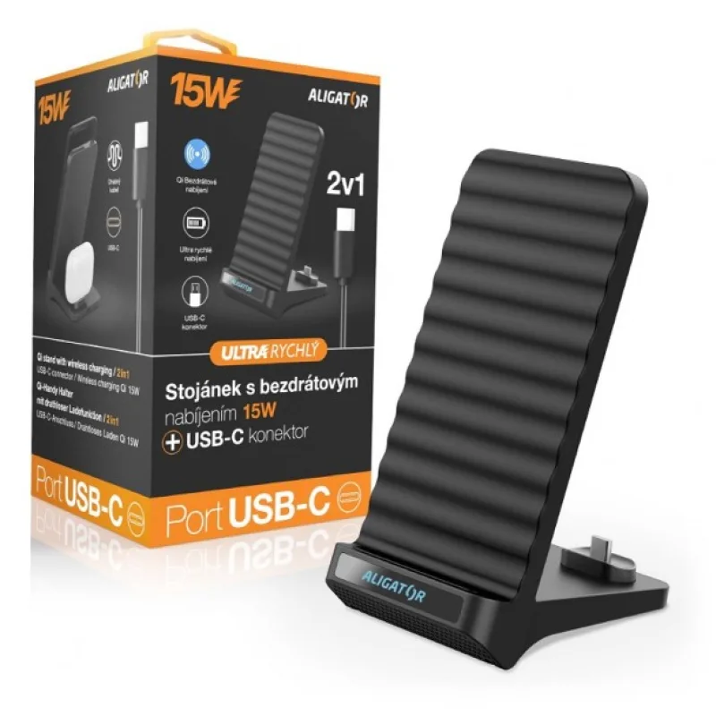 Aligator Stojánek s bezdrátovým nabíjením 15W a USB-C konektorem, 2v1, černý CHQ001