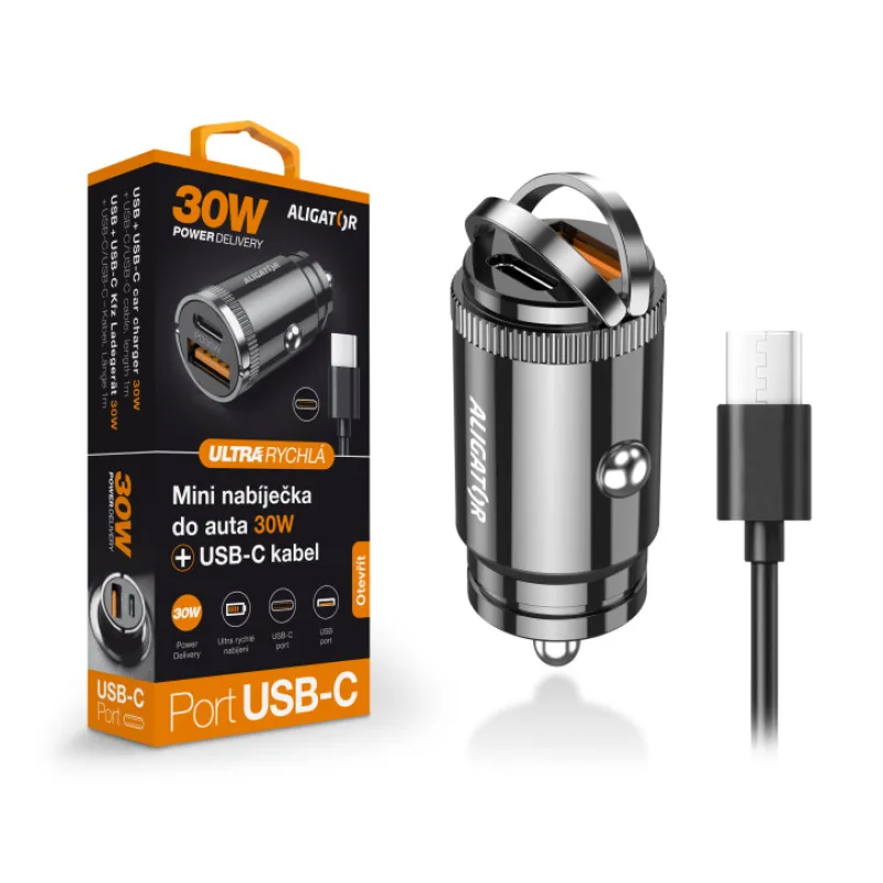 Aligator mini nabíječka do auta Power Delivery 30W, USB-C + USB-A, USB-C/USB-C kabel CHPD0007