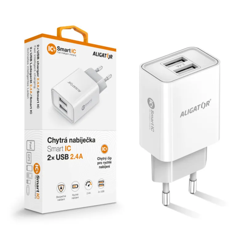Chytrá síťová nabíječka ALIGATOR 2,4A, 2xUSB, smart IC, bílá CHA0039