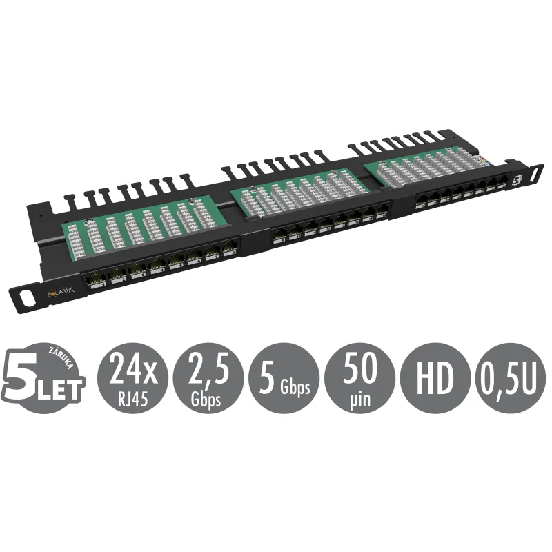 19" patch panel Solarix 24xRJ45 CAT5E UTP s vyvazovací lištou černý 0,5U SX24HD-5E-UTP-BK 24000144