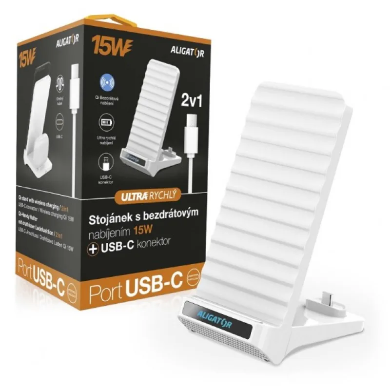 ALIGATOR Stojánek s bezdrátovým nabíjením 15W a USB-C konektorem, 2v1, bílý CHQ002