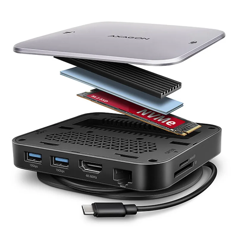 AXAGON HMC-UFO, USB 10Gbps hub, 2x USB-A, USB-C, HDMI 4k/60, RJ-45, M.2 slot, SD/mSD, audio, PD HMC-UFO
