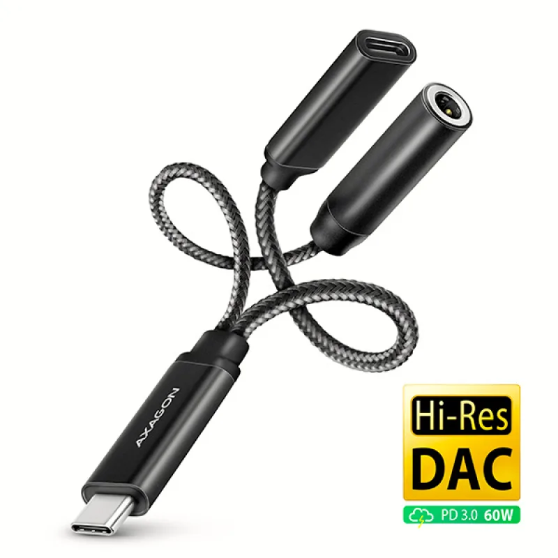 AXAGON ADA-HCPD, USB-C na 3.5mm jack - Hi-Res DAC audio adaptér, 384kHz/32bit, stereo, PD 60W 3A ADA-HCPD
