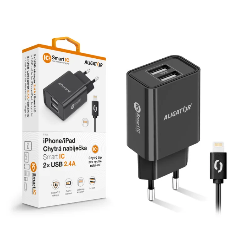 Chytrá síťová nabíječka ALIGATOR 2,4A, 2xUSB, smart IC, černá, USB kabel pro iPhone/iPad CHA0044
