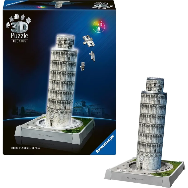 Svietiace 3D puzzle Ravensburger Iconics: Šikmá veža v Pise (Nočná Edícia) 231 dielikov