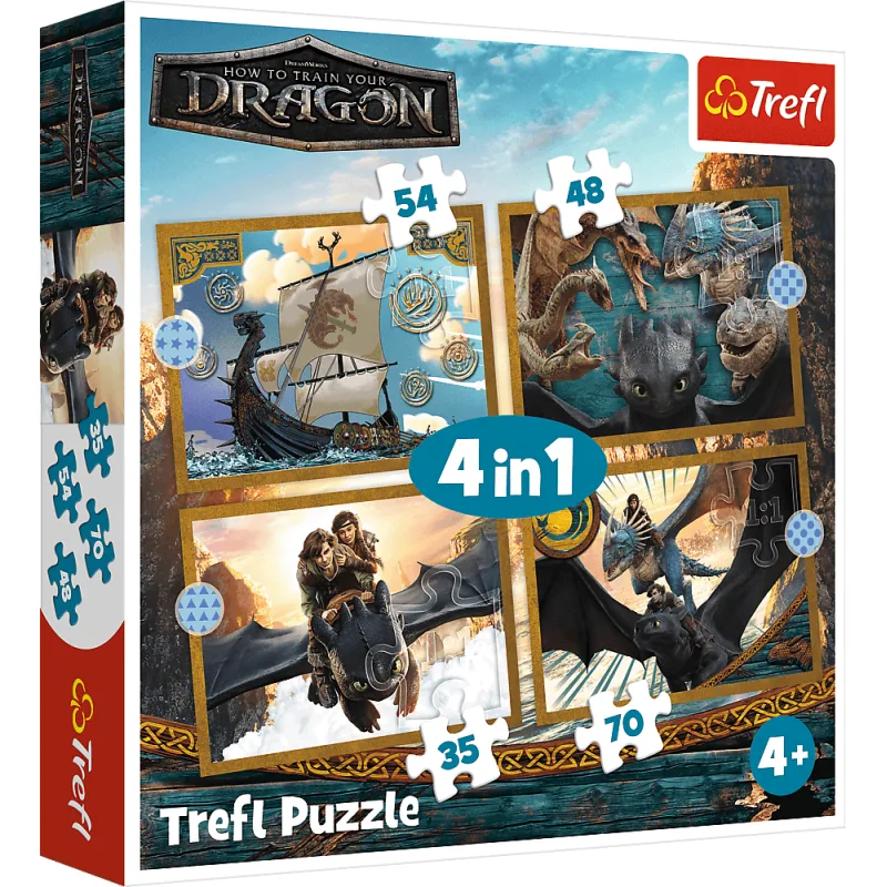 Detské puzzle Trefl sada 4v1 Ako vycvičiť draka: Dračie dni 35,48,54,70 dielikov