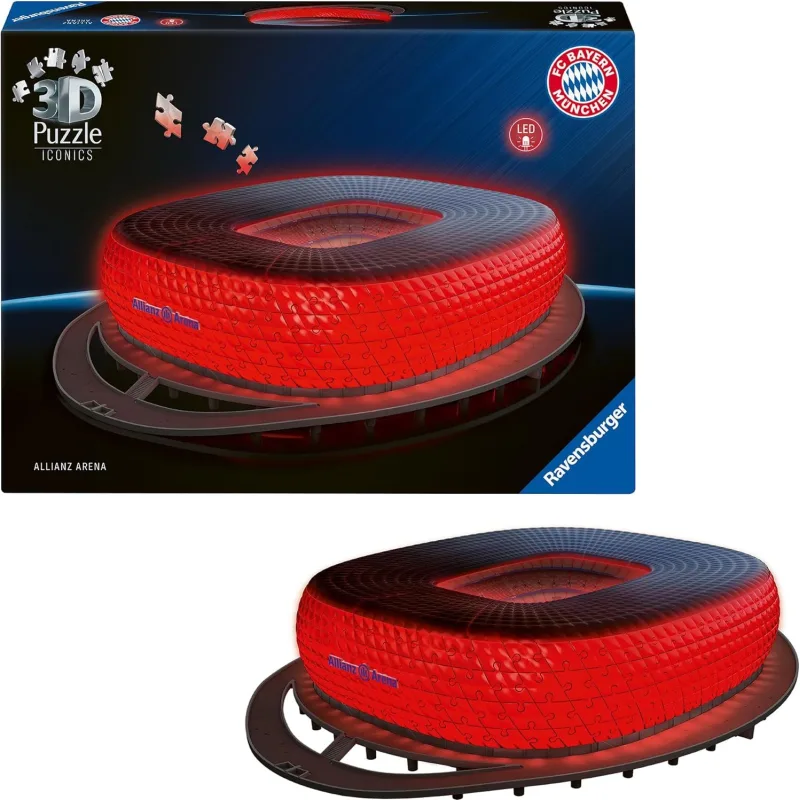 Svietiace 3D puzzle Ravensburger Iconics: Allianz Aréna (Nočná edícia) 264 dielikov