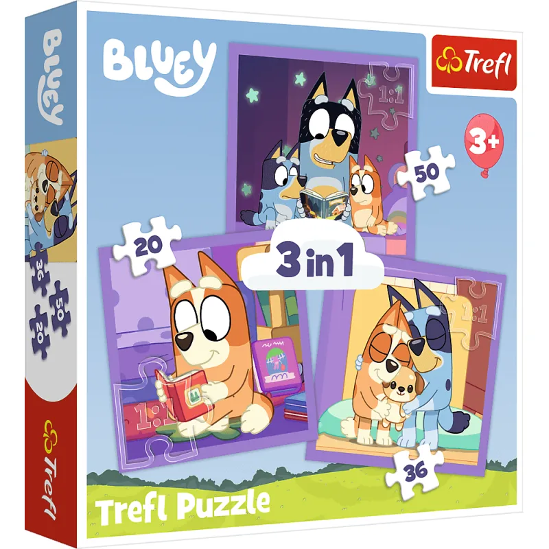 Puzzle pre deti Trefl sada 3v1 Zoznám sa s Bluey 20,36,50 dielikov