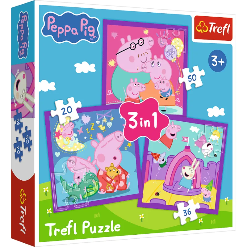 Detské puzzle Trefl sada 3v1 Deň s Prasátkom Peppou 20,36,50 dielikov