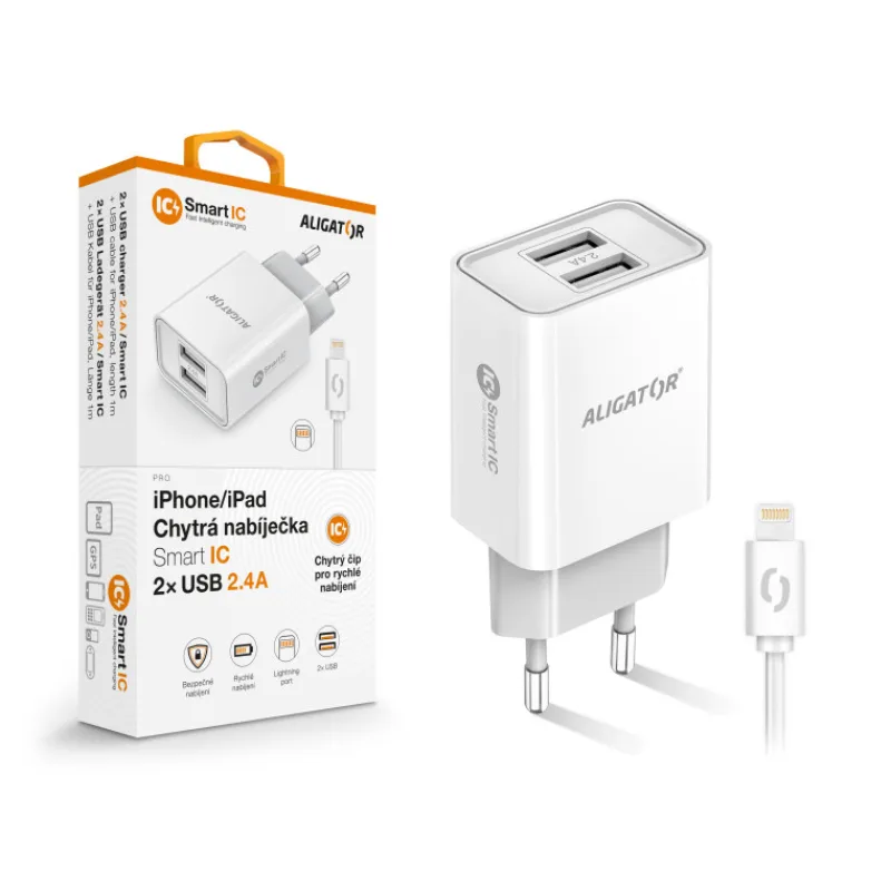 Chytrá síťová nabíječka ALIGATOR 2,4A, 2xUSB, smart IC, bílá, USB kabel pro iPhone/iPad CHA0045