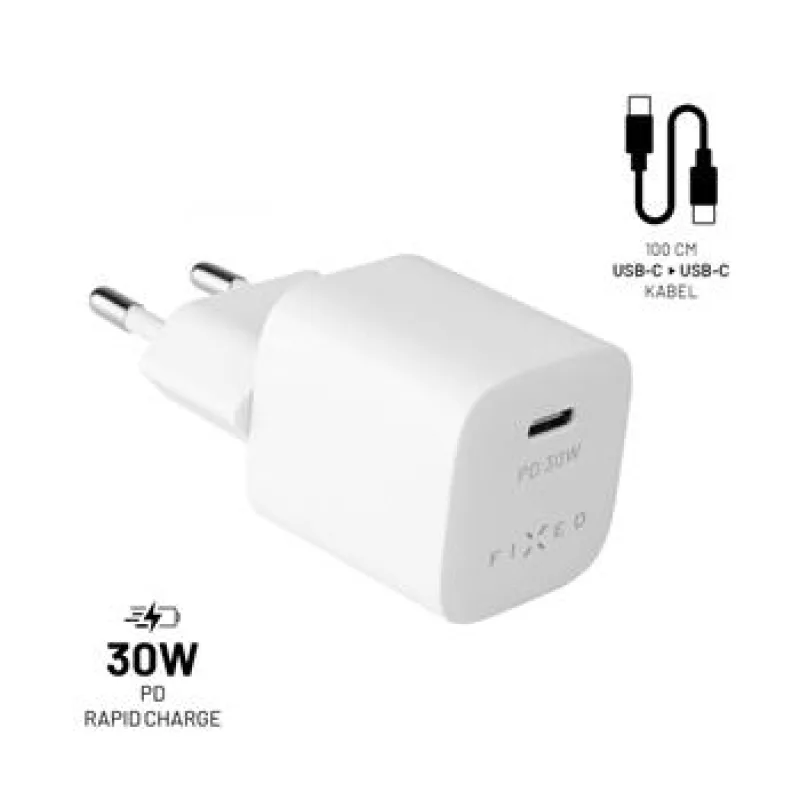 FIXED nabíječka, USB-C,USB-C/USB-C kabel,1m, 30W FIXC30M-CC-WH