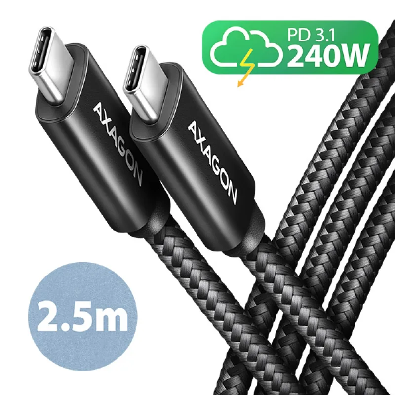 AXAGON BUCM2-CM25AB, CHARGE kabel USB-C USB-C, 2.5m, Hi-Speed USB, PD 240W 5A, ALU, oplet, černý BUCM2-CM25AB