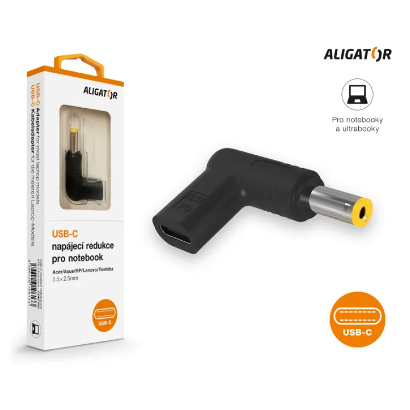 Aligator USB-C napájecí redukce 5,5x2,5 mm pro notebooky Acer/Asus/HP/Lenovo/Toshiba CONT002