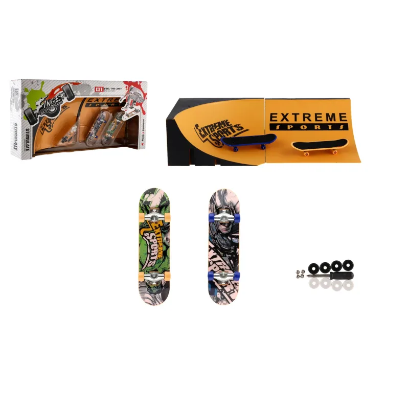 Teddies Skateboard prstový skrutkovací 2ks plast 10cm s rampou s doplnkami 2 farby v krabičke 35x9x18cm