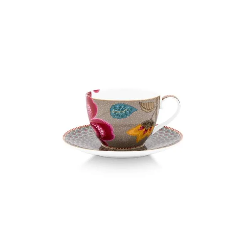 Pip Studio Blooming Tales cappuccino šálek s podšálkem 270ml, khaki