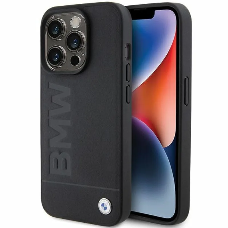 Kožené puzdro BMW Hot Stamp pre iPhone 15 Pro - čierne