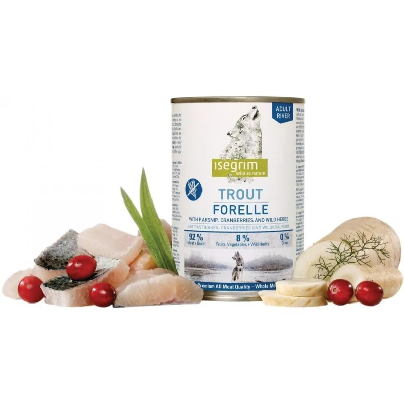 ISEGRIM Adult Pstruh s paštrnákom a brusnicami 6x 800 g