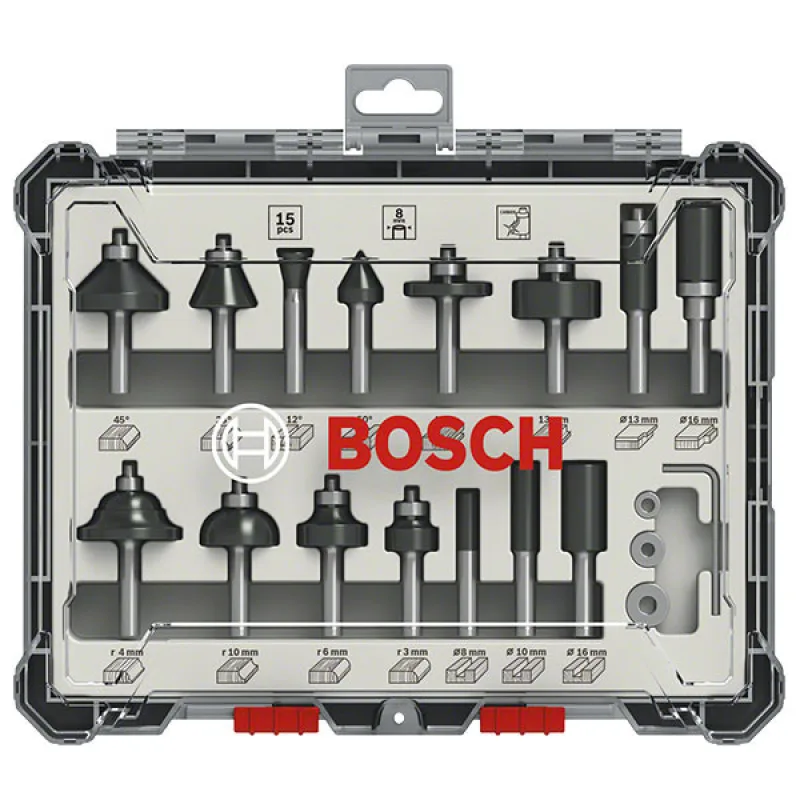 Sada fréz zmiešaných BOSCH 8 mm stopka, 15 dielna