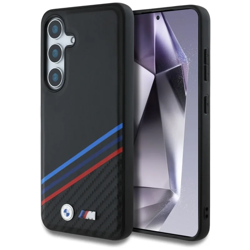 BMW Kožené puzdro Tricolor Crossing Stripes MagSafe pre Samsung Galaxy S25 - čierne
