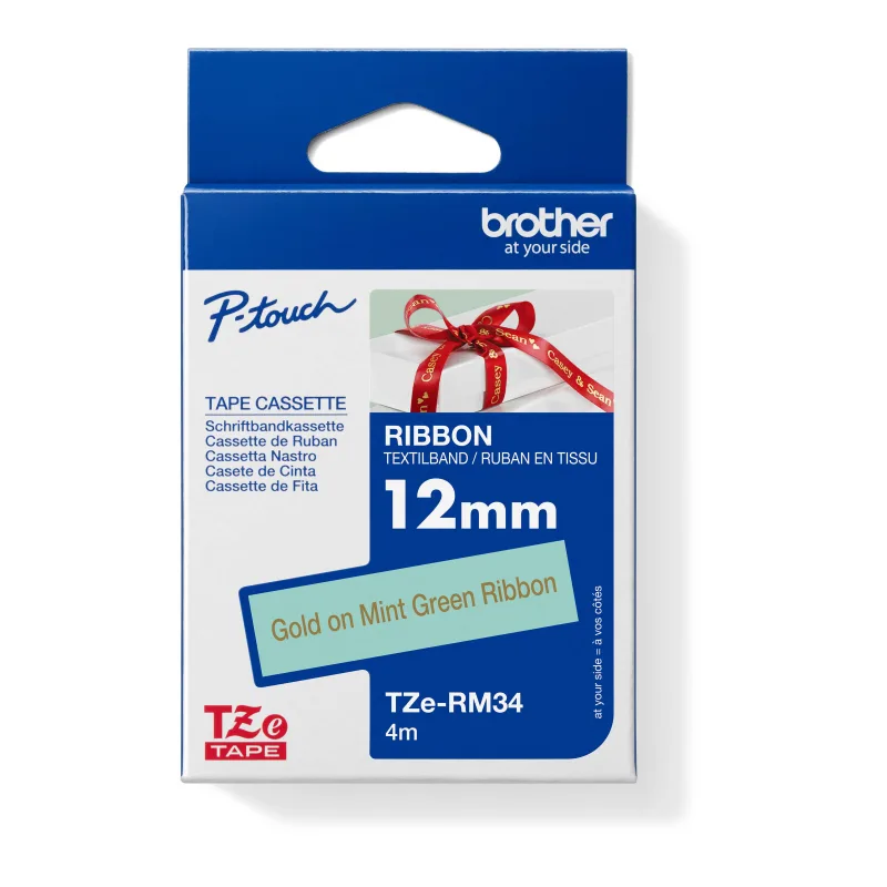 Brother TZE-RM34 zlatá na mentol.zelené, 12 mm, textilní páska TZERM34
