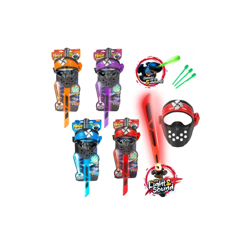 Teddies Ninja sada plast meč + maska + šípky 3ks na batérie so zvukom, svetlom 4 farby