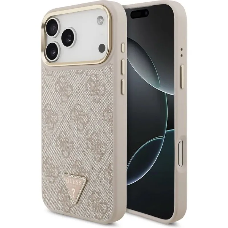 Guess PU Leather 4G Strass Triangle Logo Gold Frame MagSafe kryt iPhone 17 Pro ružový